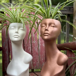planter in pearl white or copper bronze. upcycled mannequin head made into planter showin with spider plant