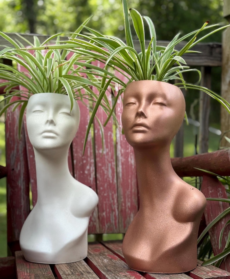planter in pearl white or copper bronze. upcycled mannequin head made into planter showin with spider plant