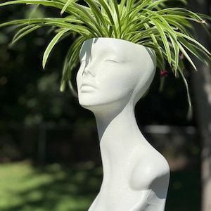 pearl white planter looking like a lady’s bust, plastic with transcending pothos and spider planter eclectic vase home Upcycled planter