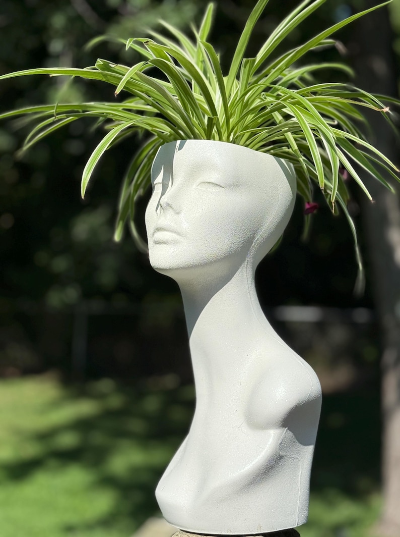pearl white planter looking like a lady’s bust, plastic with transcending pothos and spider planter eclectic vase home Upcycled planter