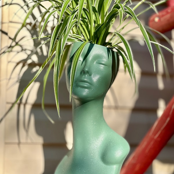 Goddess Head Face Planter - Unique Upcycled JADEITE GREEN - Comes with Spider Plant
