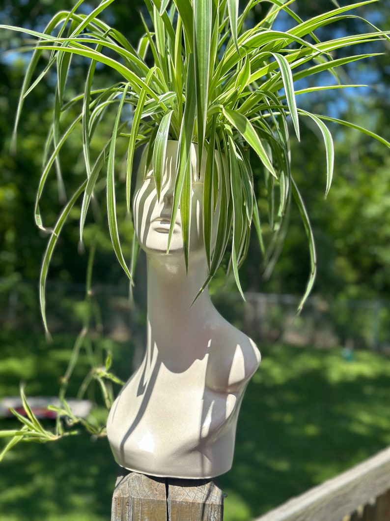 pearl white planter looking like a lady’s bust, plastic with transcending pothos and spider planter eclectic vase home Upcycled planter