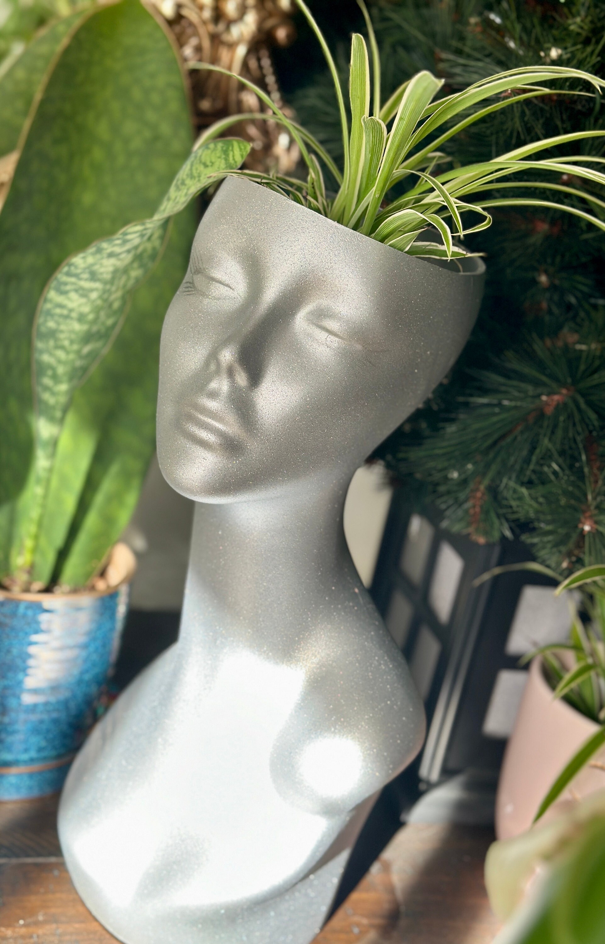 Unique Goddess Mannequin Head Planter SILVER Plant Pot for Home Decor