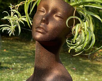 Unique Goddess Head Planter Black Orange Glitter