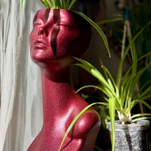 Upcycled Mannequin Head Planter | Red Shimmer Statement Decor | Oddity Art Piece