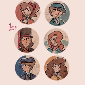 May include: Set of six 1-inch round pins featuring cartoon illustrations of characters with vintage aesthetics. Each pin showcases a different character with unique hairstyles and attire, set against a textured, circular background with a faded color palette.