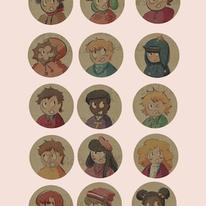 Puede incluir: Una colección de quince pegatinas circulares con ilustraciones estilizadas dibujadas a mano de varios personajes. Cada personaje se representa con distintos colores de pelo, expresiones faciales y prendas de vestir coloridas como gorros, bufandas y chaquetas.