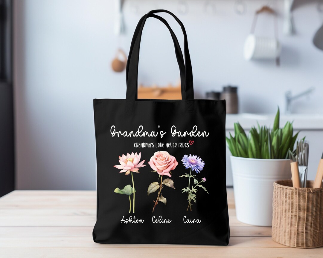 Floral Canvas Tote Bag – Cute Grandma Gift From Grandkids, Reusable Shopping Bag, 13.8x16.5 Inches