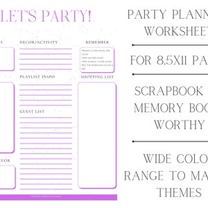 PURPLE &quot;Let&#39;s Party&quot; Printable Party Planner, Event Planner, Birthday Planner, Party Checklist, Birthday Party Organizer, Menu, To Do List