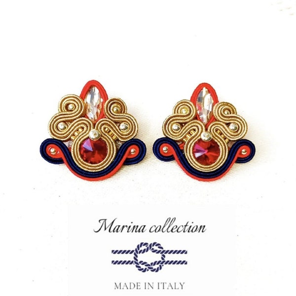 stud earrings, casual style, red blue and gold soutache earrings, marine style everyday earrings, medium size earrings,