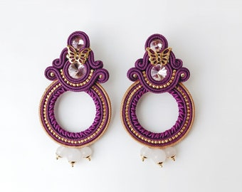 soutache hoop earrings, purple rose gold earrings, dangle hoop earrings, colorful big earrings, soutache embroidered earrings,