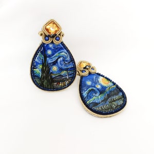 soutache earrings, blue earrings, starry night earrings, Van Gogh earrings, large earrings, painted earrings, Christmas gift jewellery