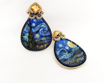 soutache earrings, blue earrings, starry night earrings, Van Gogh earrings, large earrings, painted earrings, Christmas gift jewelry