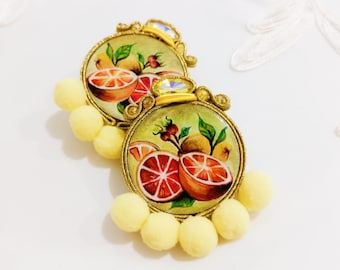 Yellow soutache earrings, pendant earrings with hand painted lemons, Sicilian earrings, hoop earrings with butterfly closure,