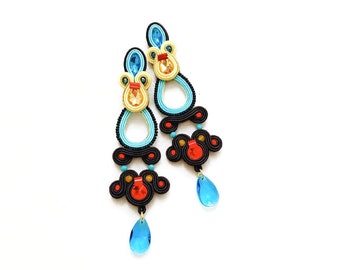 long multicolor earrings, long soutache pendant earrings, earrings with blue yellow and red crystals, large and light earrings