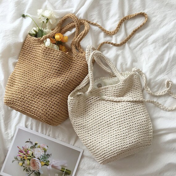 Wool Bucket Bag Cotton Woven Bag Shoulder Bagbag Summer Etsy