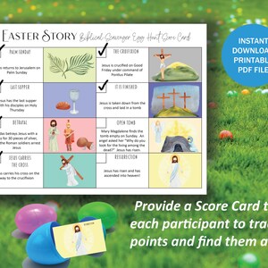 May include: A printable Easter egg hunt score card with illustrations of the Easter story. The card has a checklist of events from Palm Sunday to the Resurrection. The card is titled "Easter Story Biblical Scavenger Egg Hunt Score Card".