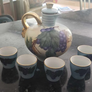 Vintage Bavarian Schumann Arzberg Germany Porcelain Sake/Coffee Cups-Set 5- Blue with Purple Grape Pattern & Leaves with Gold Rim