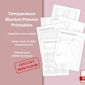 Puede incluir: Páginas de planificación imprimibles para organizar un proyecto de manta de temperatura. Las páginas incluyen un registro de temperatura, un gráfico de manta y una página de diseño de manta de temperatura. El texto "Temperature Blanket" y "Temperature Log" es visible en las páginas. Las páginas son en blanco y negro y tienen un diseño simple.