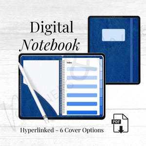 Pode incluir: Caderno digital azul com uma caneta branca. O caderno aberto exibe uma página quadriculada e um índice com abas. O texto "Digital Notebook" e "Hyperlinked - 6 Cover Options" são visíveis.