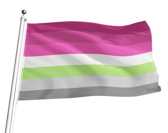 Puede incluir: Una bandera del orgullo genderqueer ondeando al viento. La bandera tiene cinco franjas horizontales: rosa, blanco, verde claro, gris y gris oscuro.