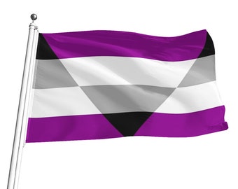 Puede incluir: Una bandera del orgullo asexual de color morado, blanco y gris ondeando en un asta de bandera. La bandera tiene un triángulo negro en el centro.
