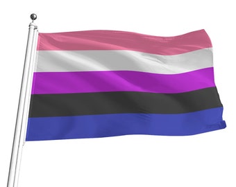 Puede incluir: Una bandera del orgullo genderqueer ondeando al viento. La bandera tiene cinco franjas horizontales: rosa, blanca, morada, negra y azul.