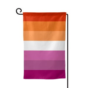 May include: A lesbian pride flag with horizontal stripes of red, orange, yellow, white, pink, light purple, and dark purple.