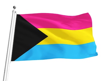 Puede incluir: Una bandera con un triángulo negro sobre un fondo rosa, amarillo y azul. La bandera ondea al viento.