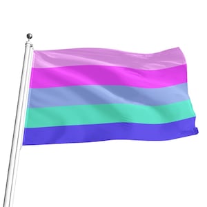 May include: A genderqueer pride flag with five horizontal stripes: pink, purple, light blue, turquoise, and blue. The flag is waving in the wind.
