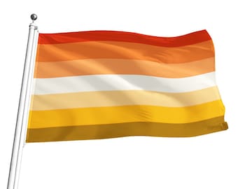 Puede incluir: Una bandera del orgullo multicolor con rayas horizontales de rojo, naranja, amarillo, blanco, marrón claro y marrón. La bandera ondea al viento.