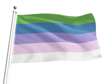 Puede incluir: Una bandera de cinco rayas, verde, azul, morado, rosa y blanco, ondeando en un asta de bandera. La bandera es un símbolo de la comunidad genderqueer.