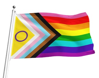 Puede incluir: Una bandera del orgullo con un triángulo amarillo que contiene un círculo morado con un anillo amarillo a su alrededor. El triángulo está encima de una franja rosa, azul y marrón. El resto de la bandera es un arcoíris con franjas rojas, naranjas, amarillas, verdes, azules, índigo y violetas.