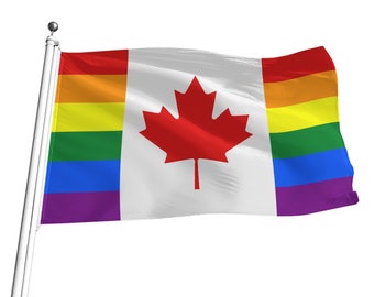 Puede incluir: Una bandera canadiense con un diseño de bandera arcoíris de orgullo. La bandera es blanca con una hoja de arce roja en el centro y una franja arcoíris a cada lado.
