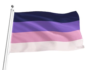 Puede incluir: Una bandera con cuatro franjas horizontales. La franja superior es azul oscuro, la segunda franja es morada, la tercera franja es rosa y la franja inferior es blanca. La bandera ondea al viento.