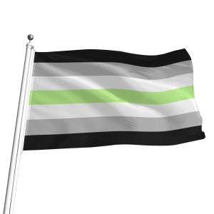 May include: An asexual pride flag waving on a flagpole. The flag has five horizontal stripes: black, white, light green, white, and black.