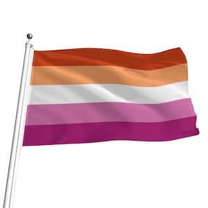 May include: A flag with a design of horizontal stripes in shades of red-orange, orange, light orange, white, pink, and magenta. The flag is attached to a silver pole and is waving in the wind against a white background.