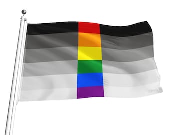 Puede incluir: Una bandera en un mástil plateado, con franjas horizontales negras, grises y blancas. Una franja vertical de arcoíris recorre el centro, con colores rojo, naranja, amarillo, verde, azul y morado. La bandera ondea.