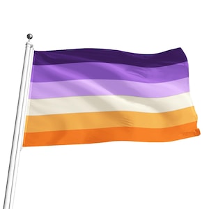 May include: A purple, lavender, white, yellow, and orange horizontal striped flag waving in the wind.
