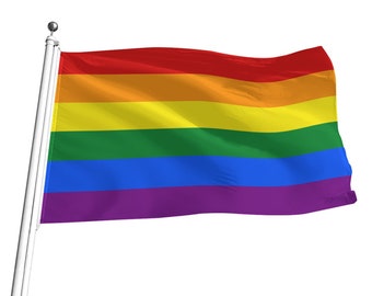 Puede incluir: Una bandera del orgullo arcoíris ondeando al viento. La bandera tiene seis franjas horizontales: roja, naranja, amarilla, verde, azul y morada.