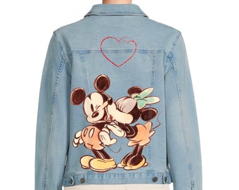 Mickey and Minnie Hand-Painted Jacket - Disney Custom Design | Disney Jean Jacket, Hand Paint Jacket, Mickey Mouse Jacket, Minnie Mouse Jean