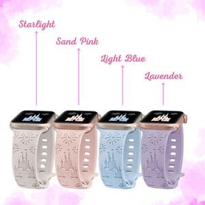 May include: Four Apple Watch bands with different colors and a Disney castle design. The colors are Starlight, Sand Pink, Light Blue, and Lavender.