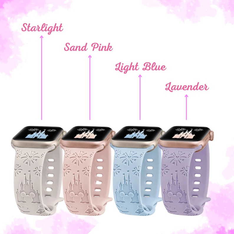 May include: Four Apple Watch bands with different colors and a Disney castle design. The colors are Starlight, Sand Pink, Light Blue, and Lavender.