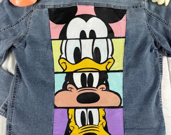 Hand-Painted Mickey & Friends Denim Jacket – Custom Disney Jean Jacket – Mickey, Donald, Goofy and Pluto Pop Art Design – Disneybound Outfit