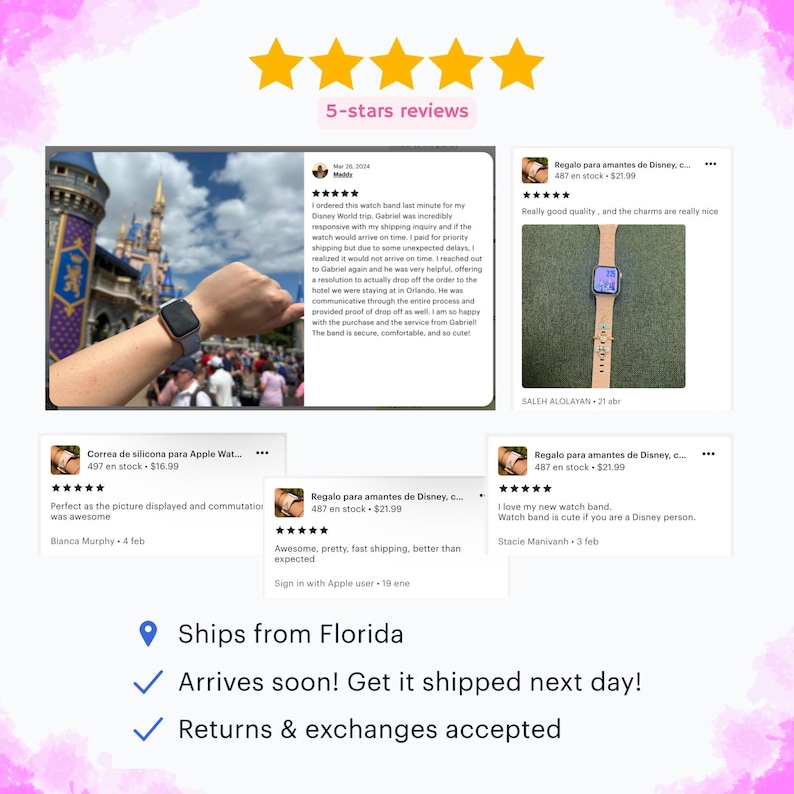 May include: Five star reviews for a watch band with a Disney theme. The band is a light brown color with gold accents. The watch band is shown on a white Apple Watch. The reviews highlight the quality of the product and the excellent customer service.