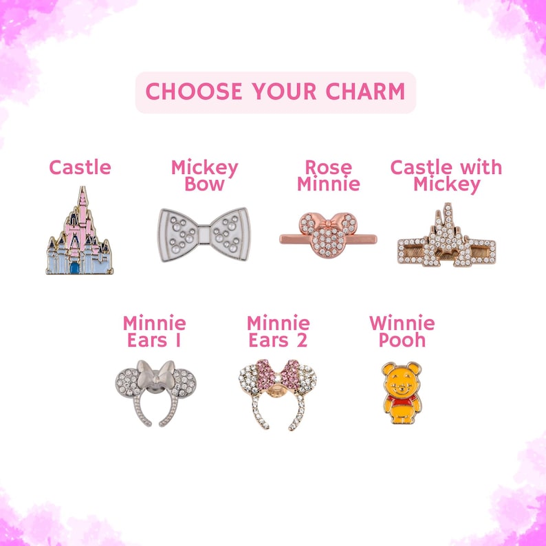 May include: A selection of Disney-themed charms, including a pink castle, a white bow with Mickey Mouse ears, a rose gold Minnie Mouse head, a silver castle with Mickey Mouse ears, a silver Minnie Mouse headband with pink bows, a rose gold Minnie Mouse headband with pink bows, and a yellow Winnie the Pooh bear.