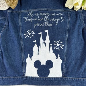Hand-Painted Disney Castle Denim Jacket – Custom Jean Jacket with Walt Disney Quote – Mickey Ears & Fireworks – Disneybound Outfit