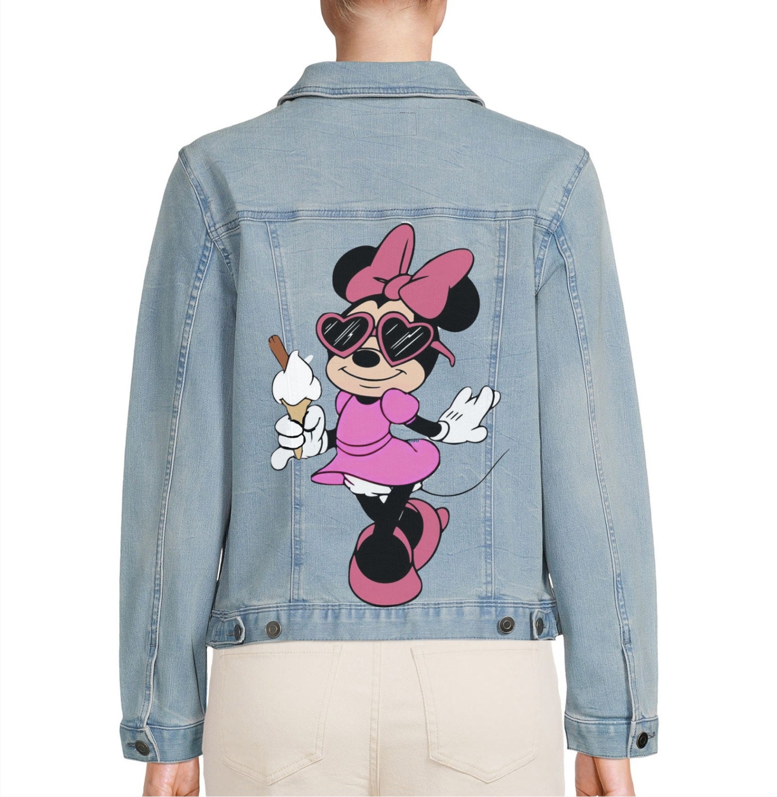 Discover Hand-Painted Matching Minnie Mouse Denim Jackets  Custom Mother & Daughter Jean Jackets  Pink Minnie Designs with Balloons and Ice Cream