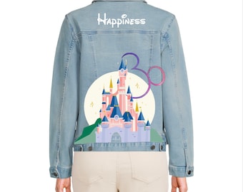 Custom Hand-Painted Jean Jacket Featuring Disneyland Castle with 30th Anniversary Logo and Aristocats Design for Romain