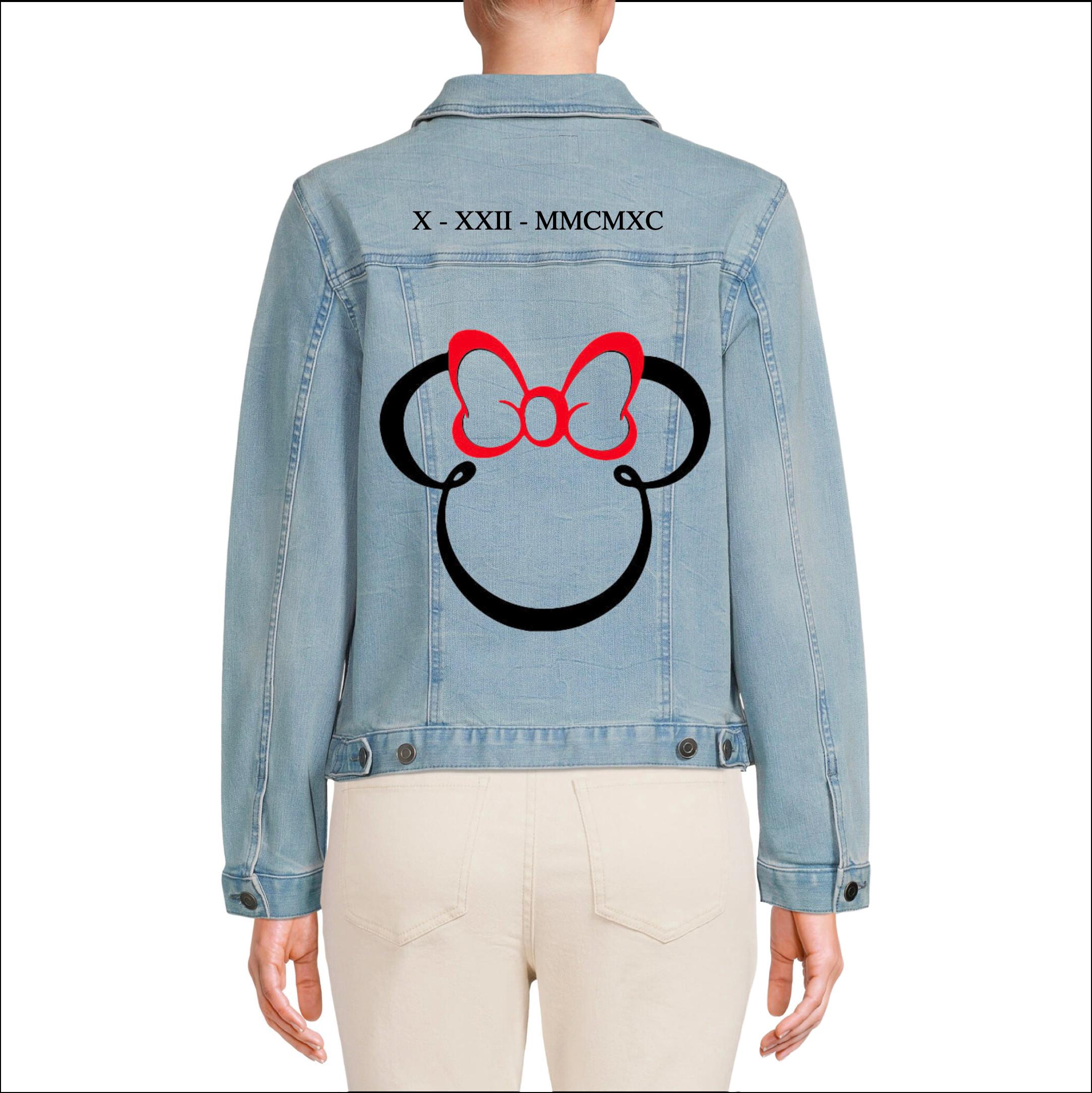Discover Custom Light Blue Denim Jacket with Minnie Mouse Design and Roman Numeralss